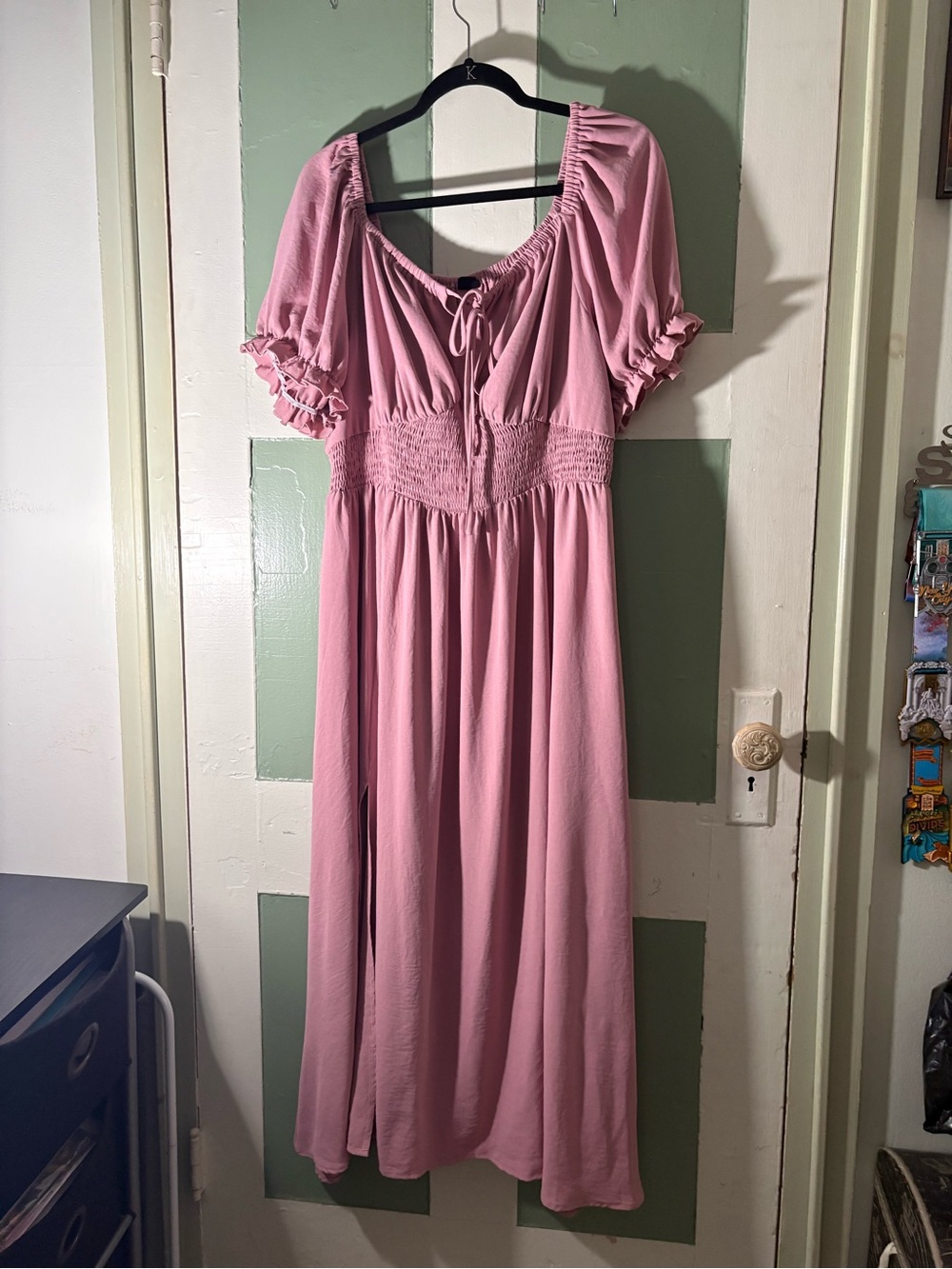Pink Puff Sleeve Smocked Waist Maxi Dress w/Leg Slit